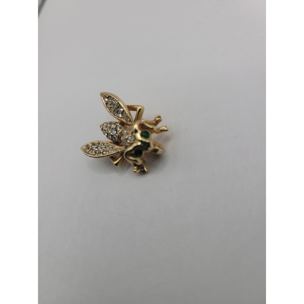 Vintage Rhinestone Fly Brooch Gold Tone Green Eyes Insect Figural Pin - Picture 9 of 11